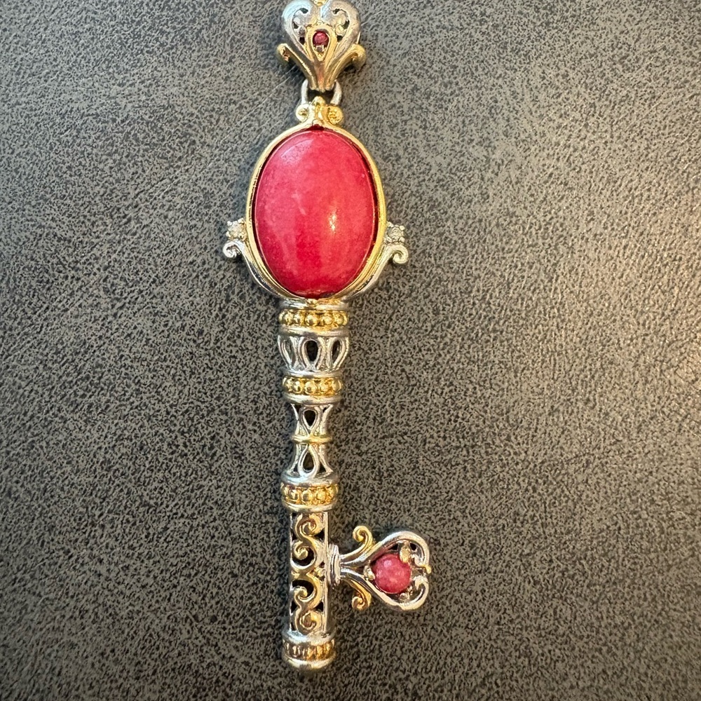 Sterling Silver Key Shaped Pendant with Red stone